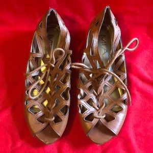 Brown Mia lace up peep toe cage sandals